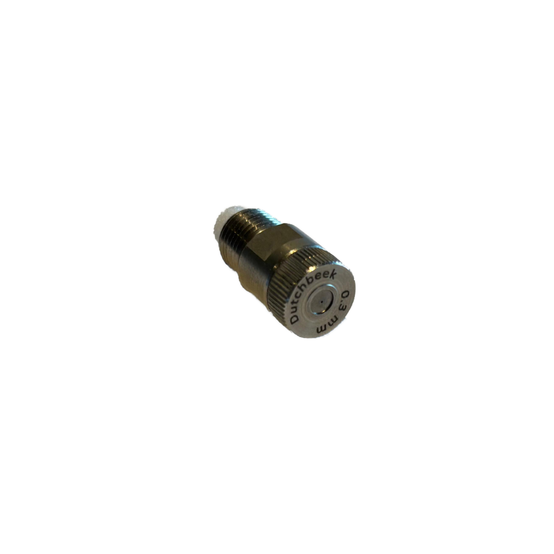 Metalen sproeinozzle met schroefdraad en opdruk 'Dutchbeek 0.3 mm'